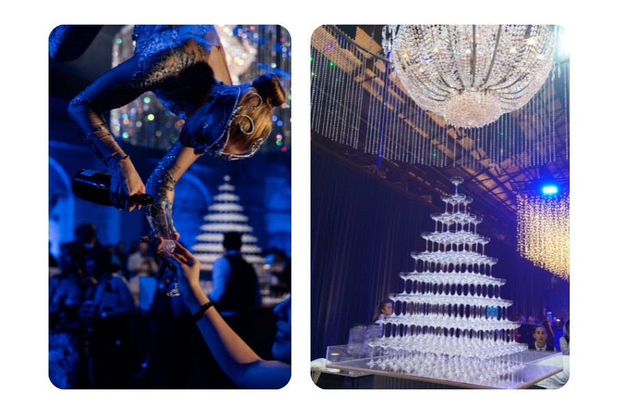 Chandeliers and champagne tower at Carriageworks