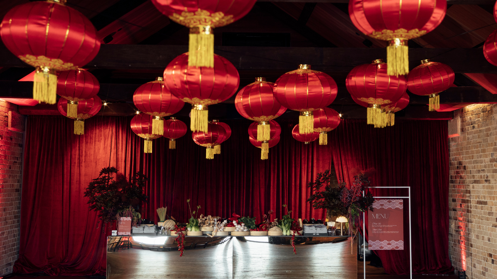 Chinese lanterns over a bar at Watersedge at Campbell Stores