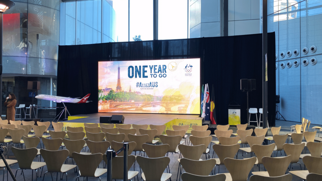 LED wall back stage backdrop at the One year to go till Paris event in Qantas HQ