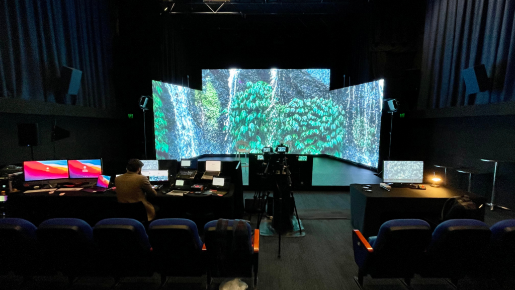 Live streaming studio setup with LED backdrop at the Alex Theatre in St Kilda, Victoria