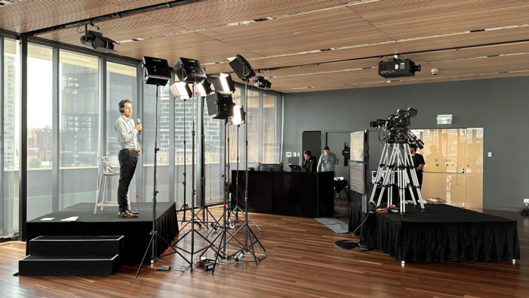 Live, online broadcast studio in MCA Australia's Harbourside Room for 'The Golden Mindset of the CommBank Matildas with Tony Gustavsson' | An Inspire Speakers & AV1 production