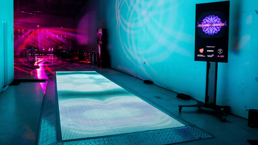 An LED entrance walkway with kaleidoscopic patterns.